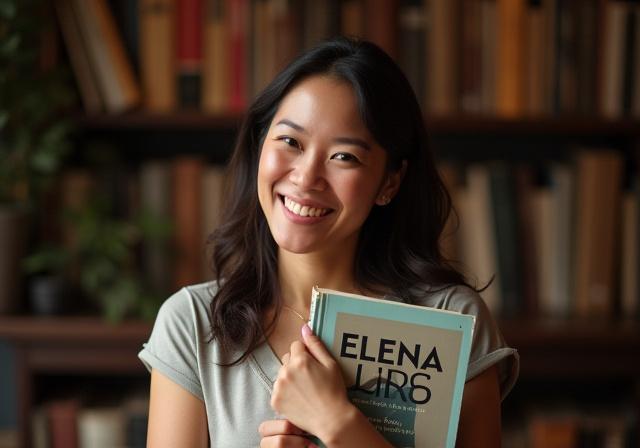 Larawan ng may-akda na si Elena Garcia, nakangiti habang humahawak ng aklat